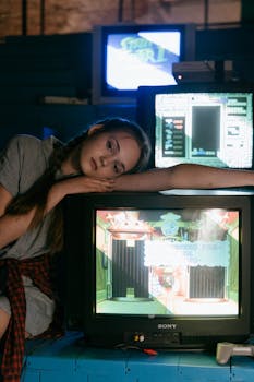 Teenage girl with pigtails in vintage arcade, 80s vibe, playing video games indoors.