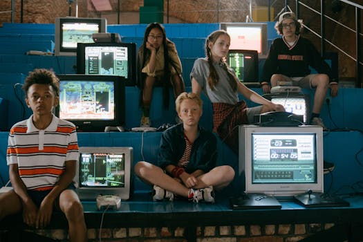 Group of teenagers interacting with old school video game consoles, evoking 80s nostalgia.