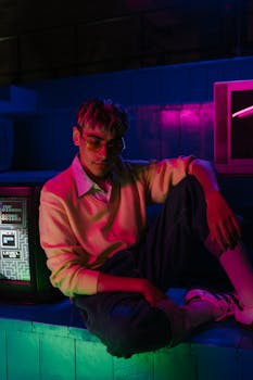 Teen poses with an 80s arcade machine amidst vibrant neon lights, embracing retro culture.