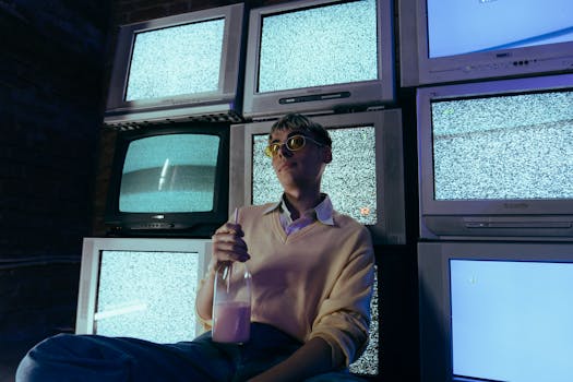 Teenage boy holding a milkshake surrounded by vintage CRT televisions showing static in a dimly lit room.