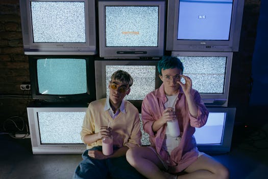 Two teenagers enjoying milkshakes in a retro setting with vintage CRT TVs displaying static.