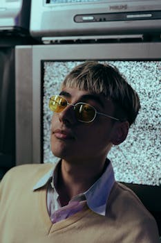 Stylish teen with yellow glasses in front of static-filled vintage TV screen, embodying retro vibes.