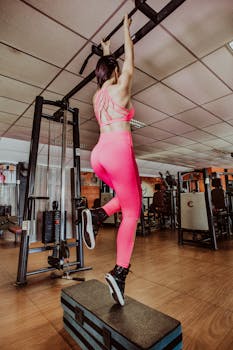 Back view anonymous fit sportswoman performing pull ups on bar in light spacious fitness club