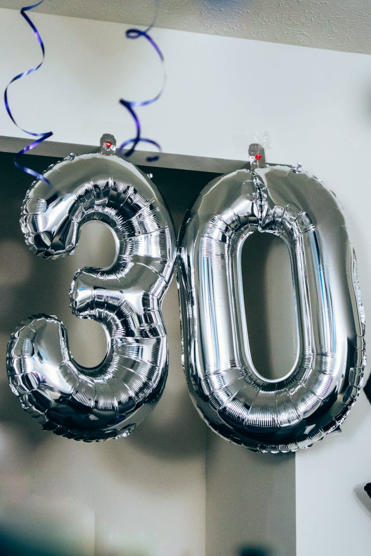 Close-Up Shot Of Silver Number Balloons