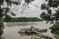 Picturesque scenery of suspension bridge located on shore near wherry in coastal city with calm lake near green trees in summer