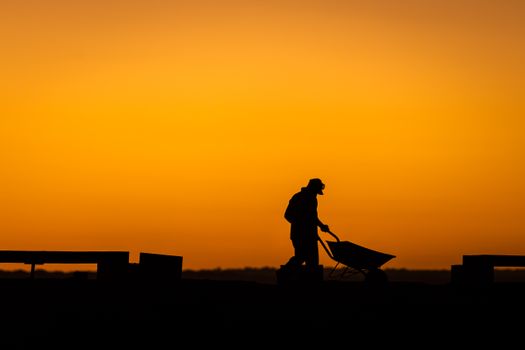 A silhouette of a man pushing a wheelbarrow against a vibrant orange sunset in Brazil.