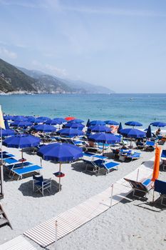 在晴朗的日子里，度假酒店的沙滩紧邻平静的蓝色海洋，配有日光浴床和遮阳伞
