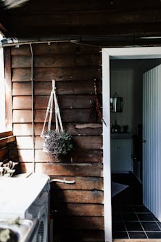 Interior of small wooden house with potted plant hanging on wall near washing machine