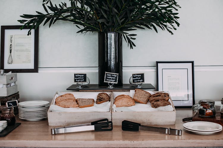 Cafeteria Table With Slices Of Bread