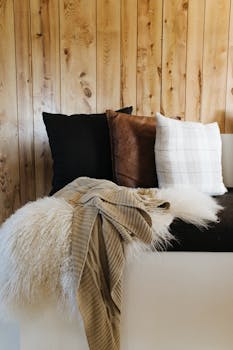 Handmade wool throw blanket and pillows on a sofa