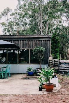 质朴的后院里，绿树成荫，盆栽植物与户外座椅相映成趣，是完美的乡村度假胜地