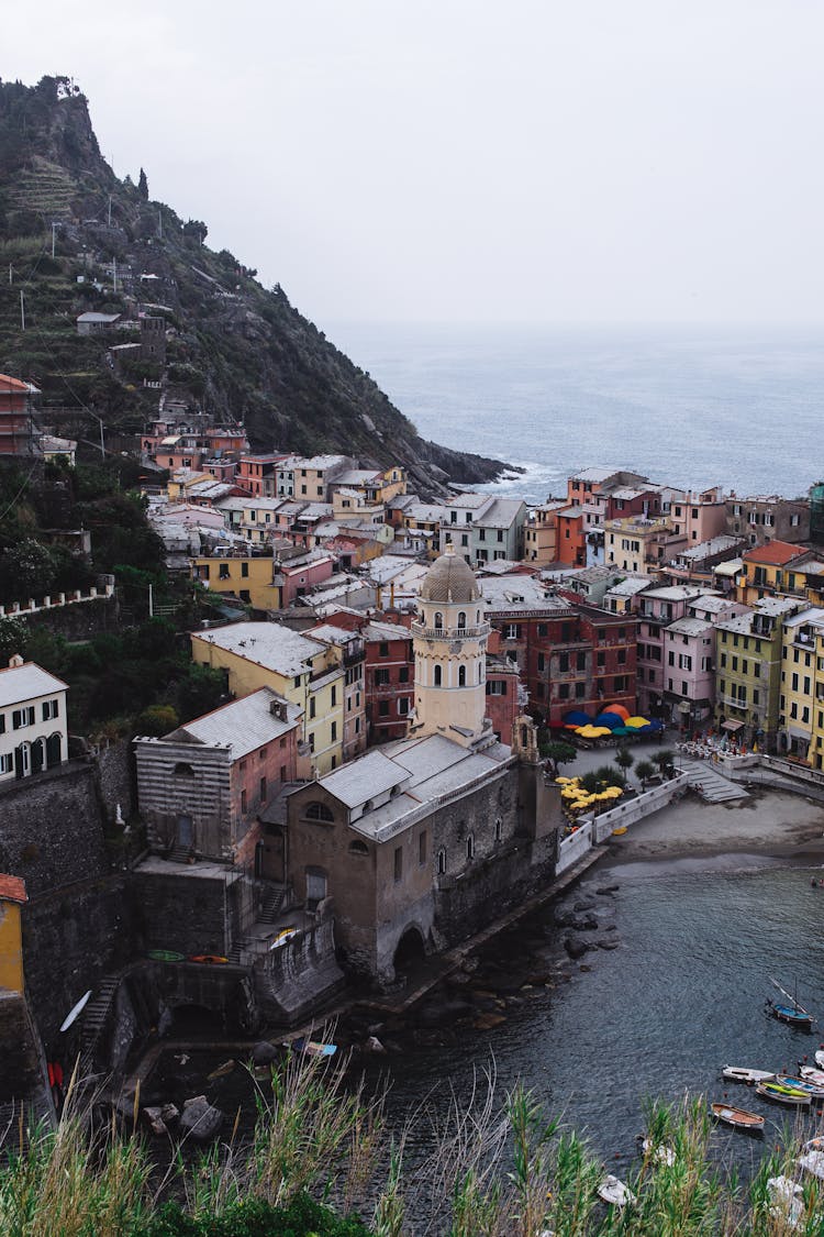 Small Old Town Surrounded By Sea And Hills