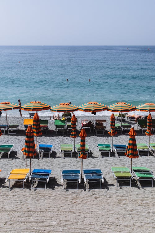 Sunbeds and parasols on sandy beach