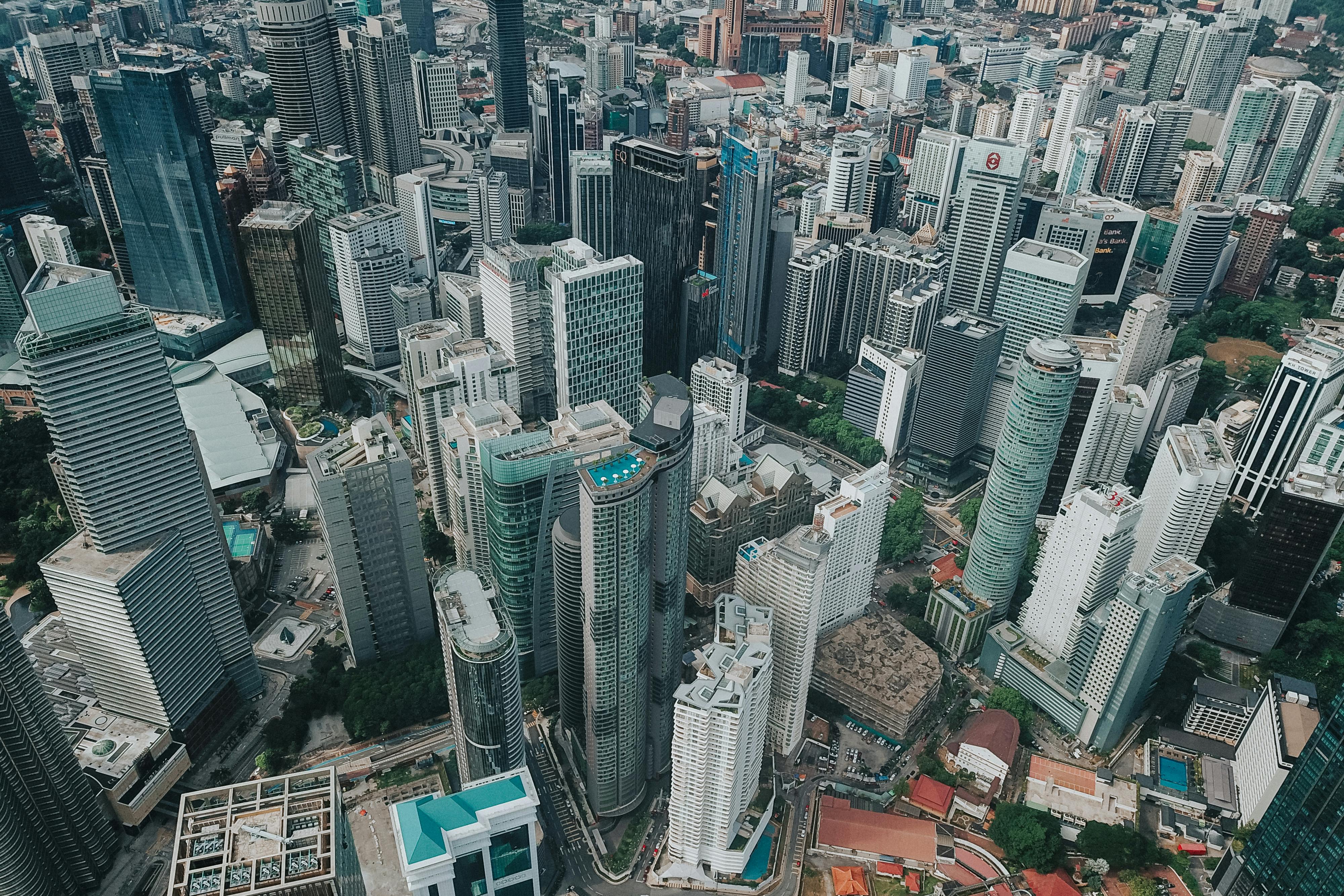 drone view modern metropolis skyscrapers in downtown