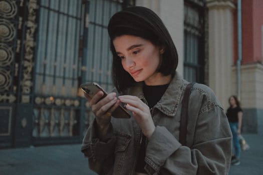 A young woman engages with her smartphone outdoors, capturing an urban evening vibe.