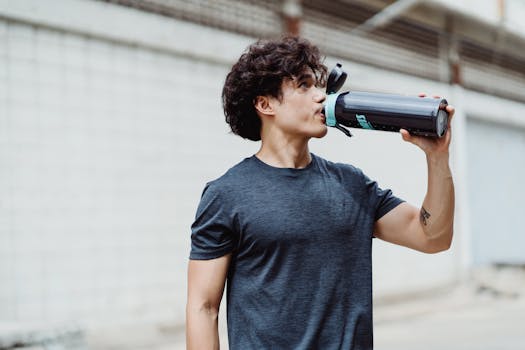 Athletic young man rehydrates with large water bottle in an urban setting.