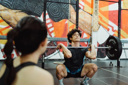 Young man performing weightlifting in a vibrant indoor gym.