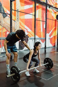A young woman lifting weights guided by a coach in a colorful indoor gym setting.