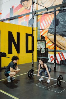 Asian woman lifting weights with personal trainer in an indoor gym setting, focusing on strength training.