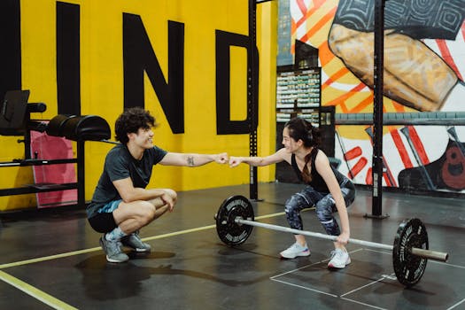 Man and woman in gym sharing a fist bump to celebrate a workout session.