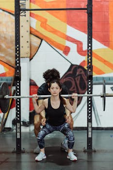 Woman lifting weights with a trainer at the gym, focusing on strength and fitness.