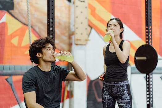 Couple in gym attire hydrating after a workout session indoors.