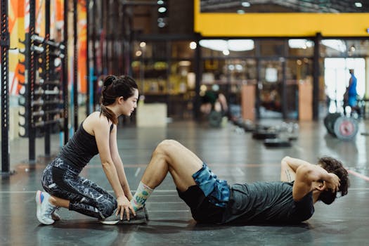 A couple works out together in a gym, focusing on fitness and teamwork.