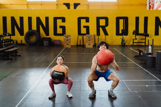 Asian couple performing squats with medicine balls indoors. Perfect for fitness-related concepts.