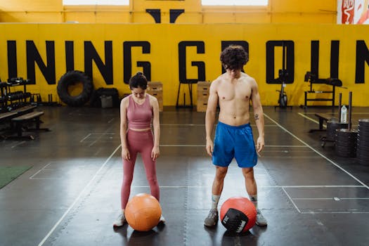Shirtless man and woman in activewear exercising with medicine balls at the gym.
