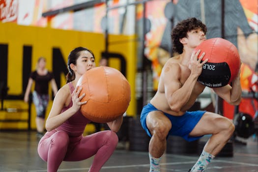 Asian couple working out with medicine balls, showcasing dynamic strength and fitness.