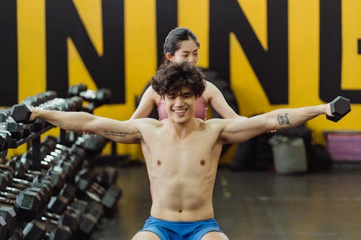 Energetic young adults lifting weights together in a vibrant gym setting.