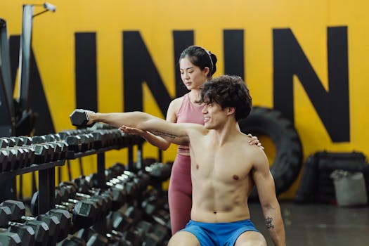 Young man lifting weights with a woman trainer assisting in a gym setting.