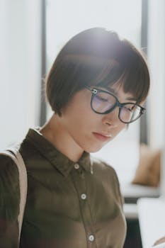 一位戴着眼镜的年轻女子在阳光明媚的书店里深思熟虑地读书