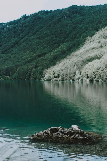 Calm surface of crystal lake with stone near bushy coast with hills covered with moss and forest