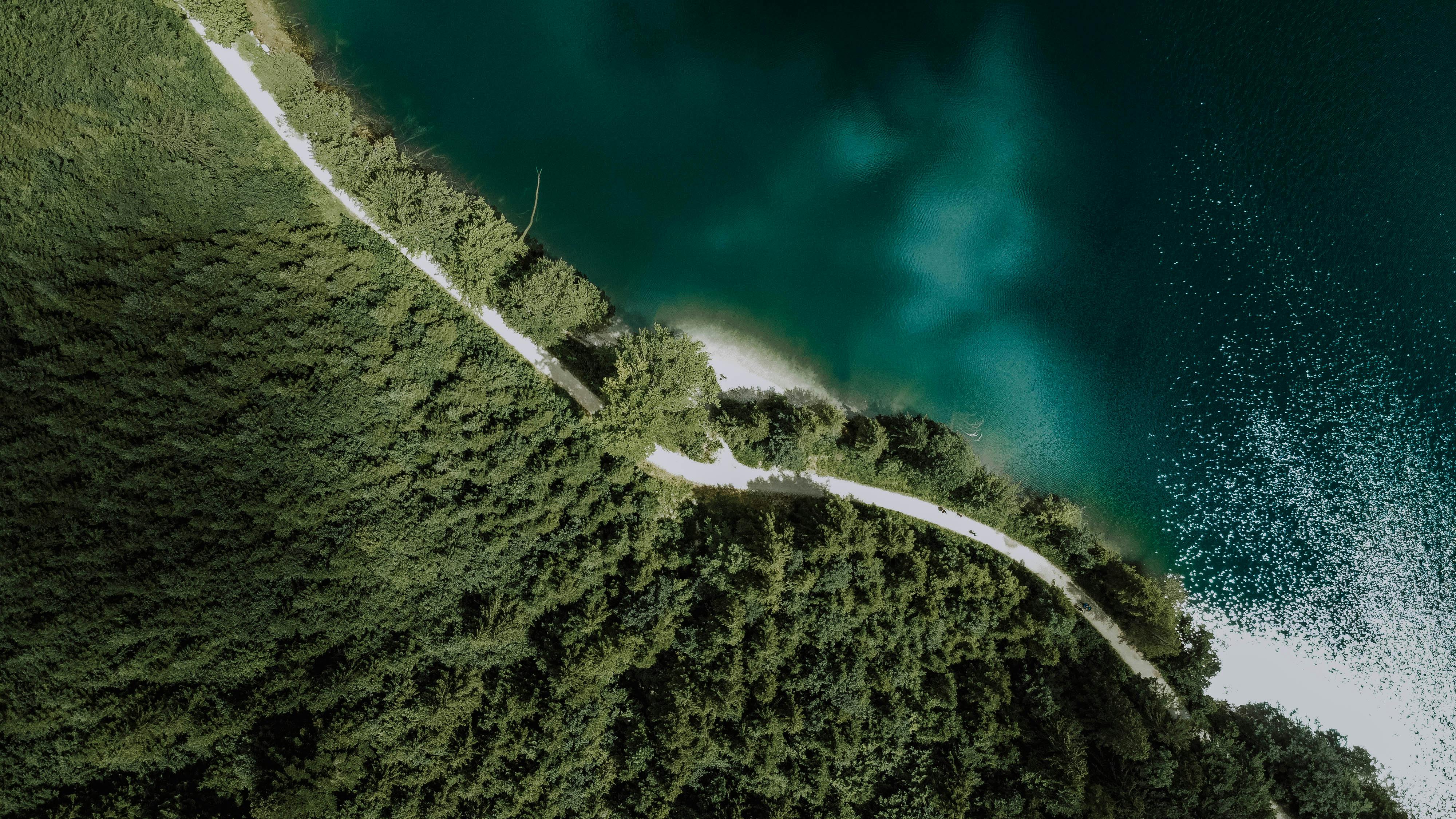 A breathtaking aerial shot capturing a winding road between a lush forest and vibrant lake.
