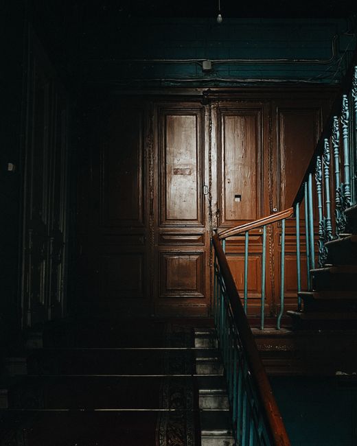 Interior of stylish old building with big wooden door and vintage staircase covered by carpet