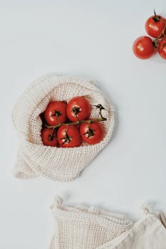 Overhead view of ripe tomatoes in a mesh bag, promoting sustainable and plastic-free living.