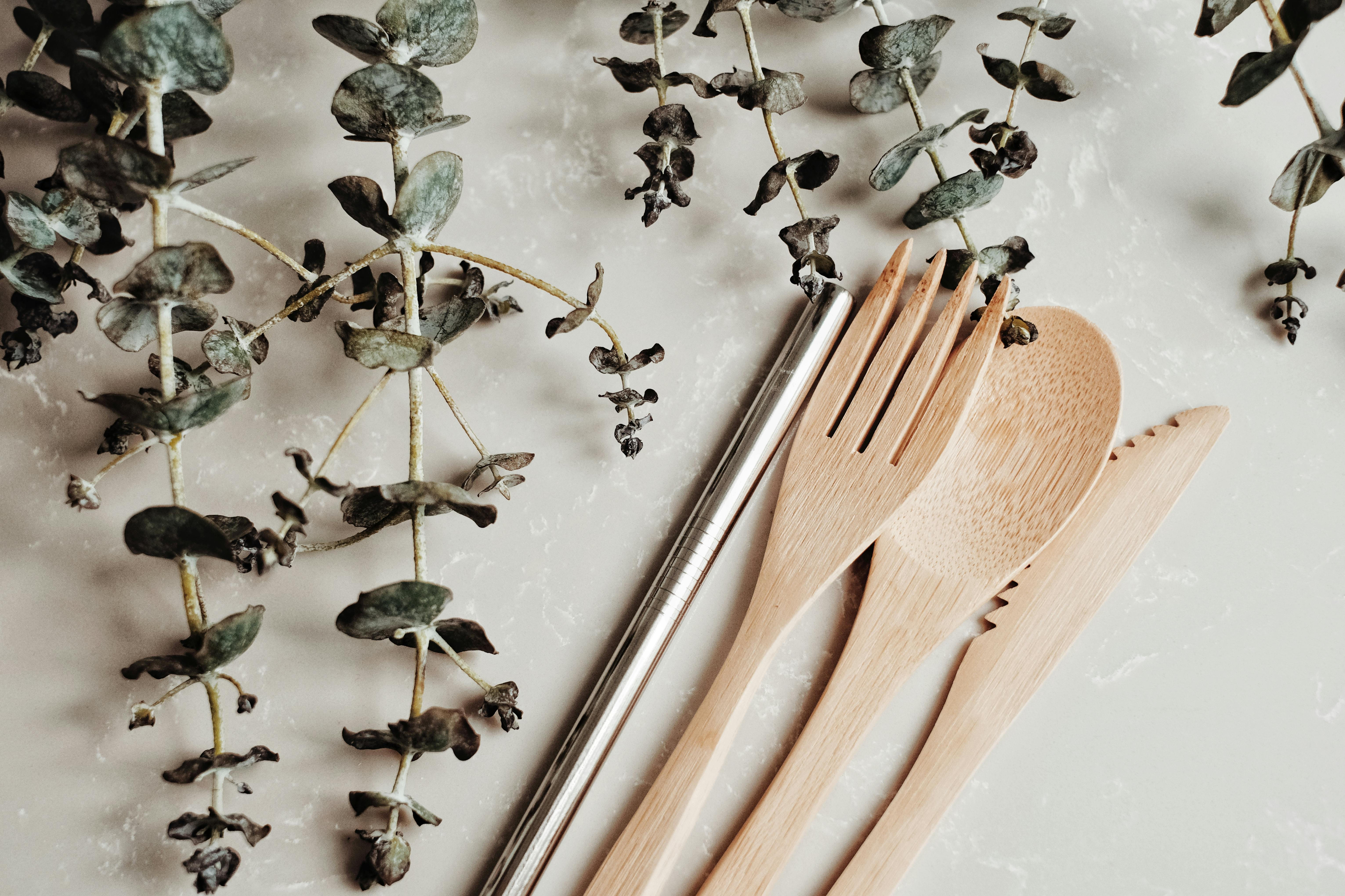 Eco-friendly bamboo cutlery set with eucalyptus leaves on a neutral background.