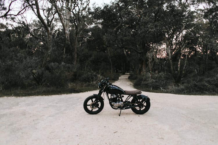 Motorcycle Parked On Road Near Trees