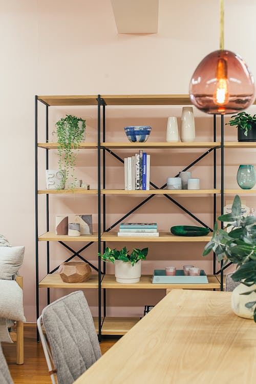 Free Shelves with various decorations in room Stock Photo