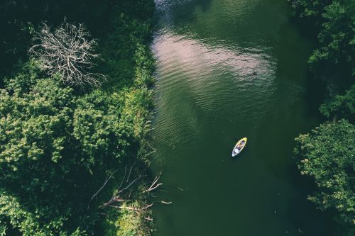 Free A kayaker navigates a serene river surrounded by lush forests in Bulgaria, captured from above. Stock Photo
