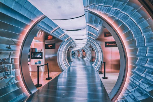 A vibrant, illuminated tunnel with neon colors and modern design inside a mall in Beijing.