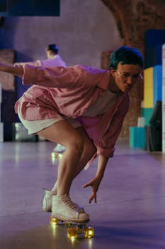 Teenager with colored hair skateboarding indoors, showcasing fun and freedom.
