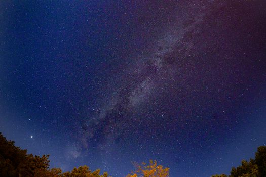 夜空中，壮丽的银河系被大自然环绕