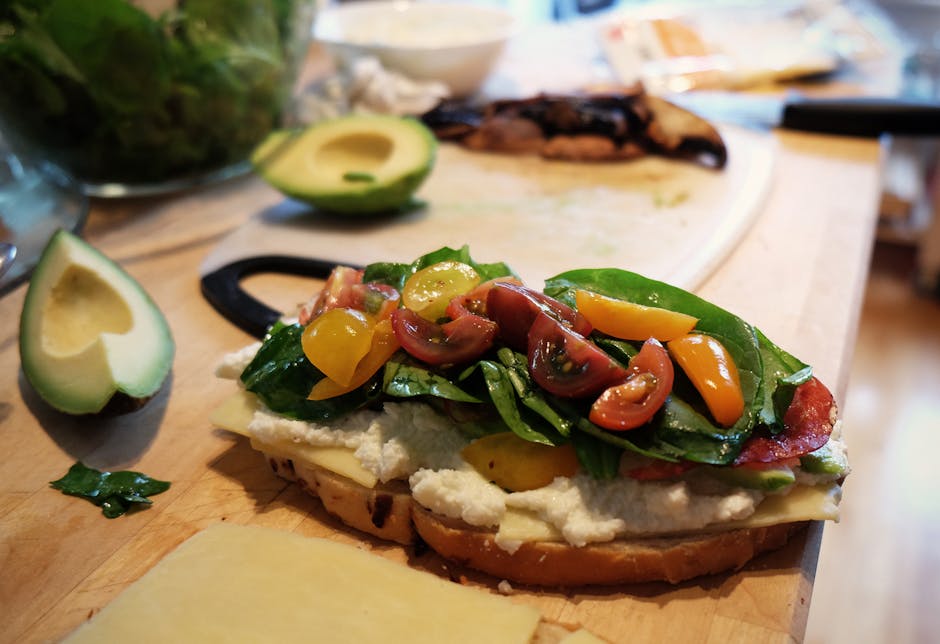 avocado, bread, cutting board