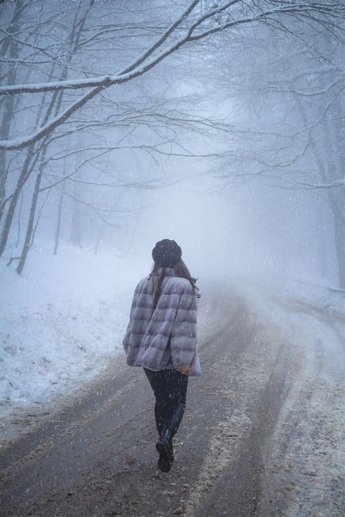 Free A woman in a fur coat walks along a snowy forest path. Captured in winter, the scene is serene and atmospheric. Stock Photo