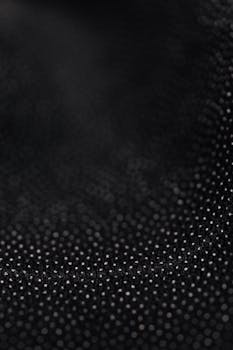 Close-up of a textured black fabric with polka dot pattern providing a stylish and elegant background.