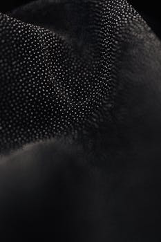 Detailed macro shot showing the intricate texture and pattern of black fabric.