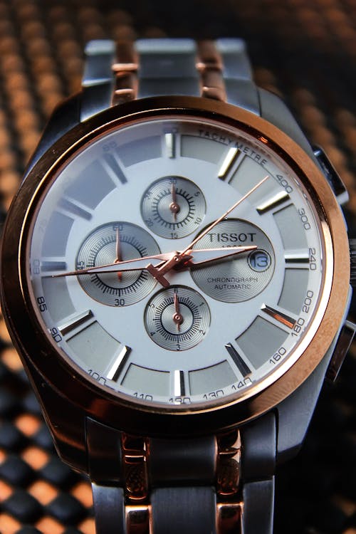 A Metallic Chronograph Wristwatch in Close-up Shot
