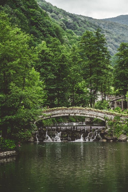 Picturesque view of stone bridge with small waterfall on calm river near green lush trees and hills